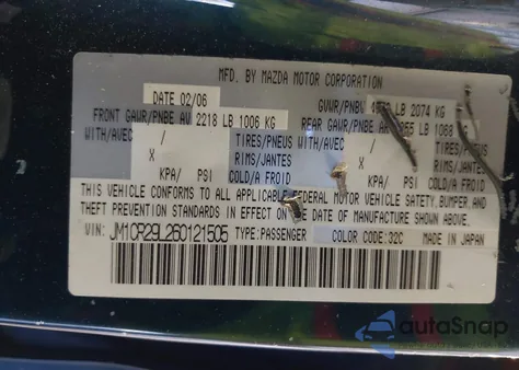 2006 Mazda Mazda5 Touring z USA, uszkodzony, nr VIN JM1CR29L260121505